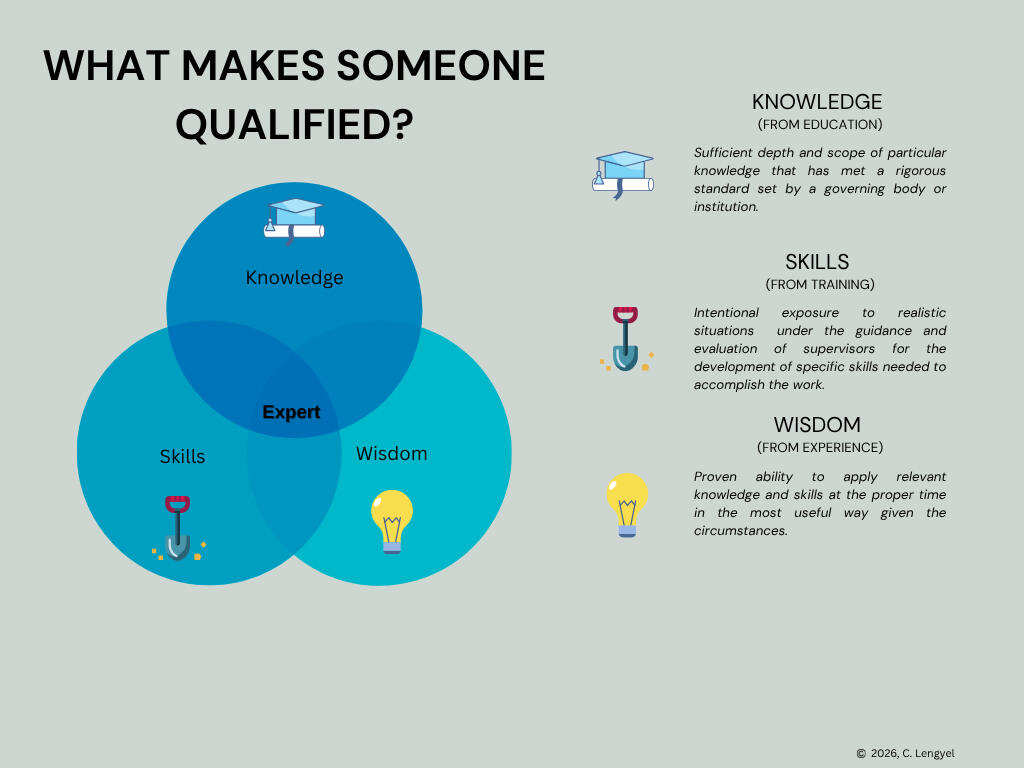 Venn Diagram of Qualification: Knowledge, Skills, and Wisdom intersecting at Expertise